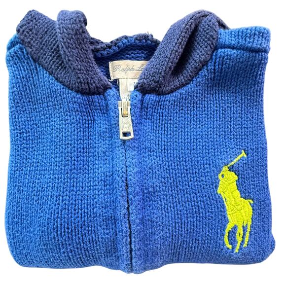 Ralph Lauren Big Pony Full-Zip Knit Hooded‎ Sweater Baby 24M Preppy Blue Yellow - Picture 5 of 8